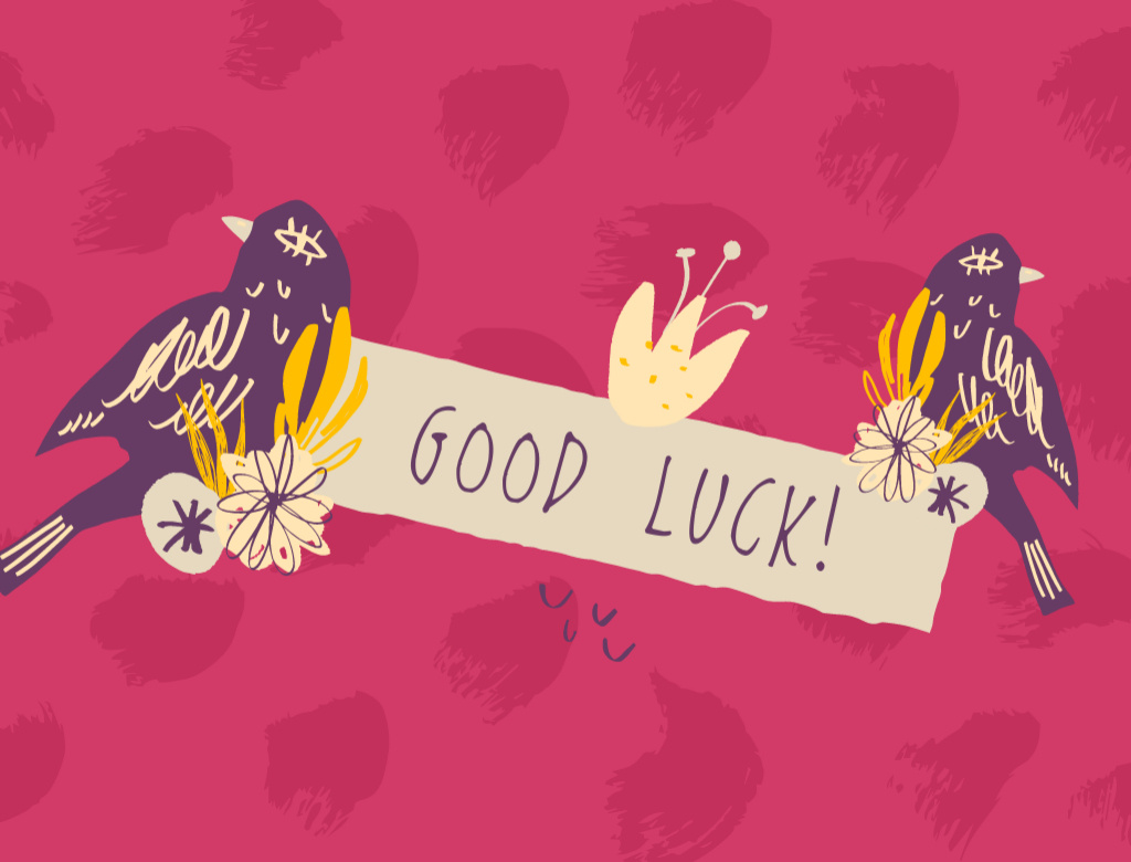 Good Luck Wishes with Birds on Pink Postcard 4.2x5.5in Tasarım Şablonu