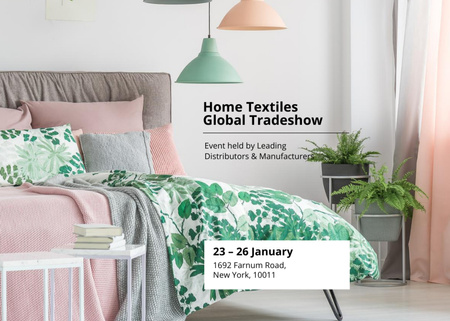 Szablon projektu Tekstylia domowe Powiadomienie o wydarzeniu ze stylową sypialnią Flyer 5x7in Horizontal