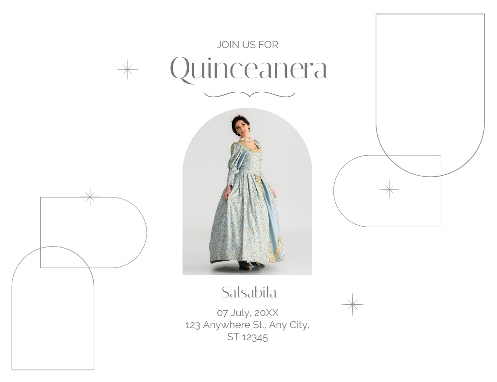 Announcement of Quinceañera Party With Gorgeous Dress Invitation 13.9x10.7cm Horizontal Tasarım Şablonu