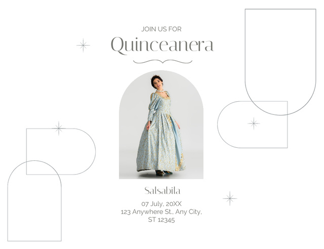 Platilla de diseño Announcement of Quinceañera Party With Gorgeous Dress Invitation 13.9x10.7cm Horizontal
