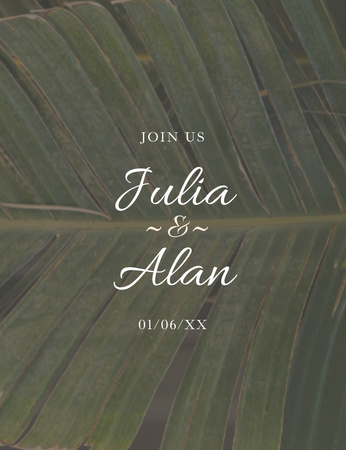 Template di design annuncio del giorno del matrimonio con foglia di pianta tropicale Invitation 13.9x10.7cm