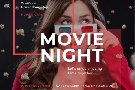 Movie night event with Woman in Glasses Gift Certificate Design Template