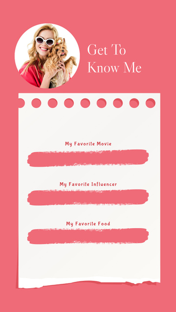 Get To Know Me Quiz with Woman holding Cute Dog Instagram Story Design Template