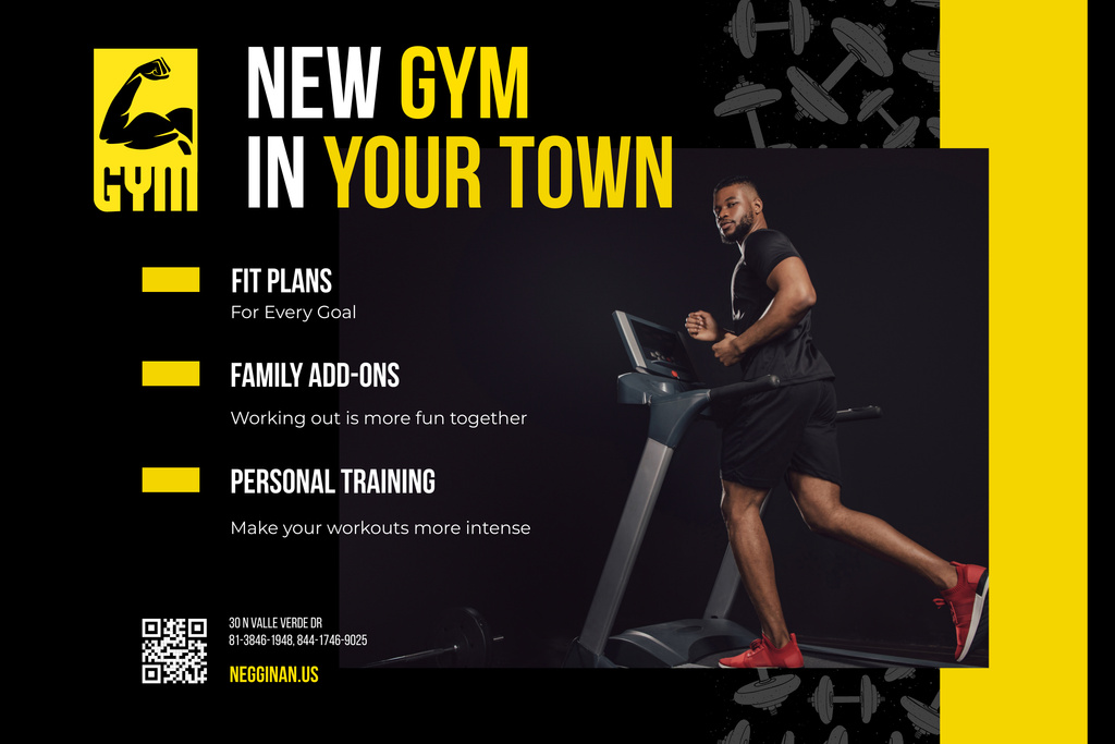 New Gym Promotion with Man On Treadmill Poster 24x36in Horizontal – шаблон для дизайна