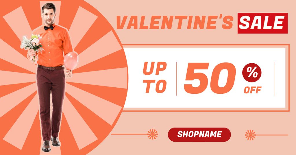 Sale on Valentine's Day with Man with Bouquet of Flowers Facebook AD Design Template