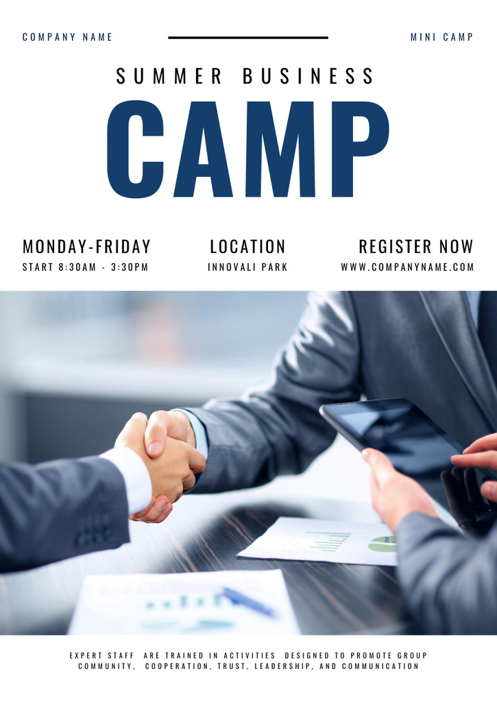 Captivating Business Camp In Park With Registration And Handshake Poster A3 Design Template