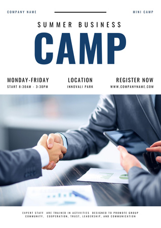 Captivating Business Camp In Park With Registration And Handshake Poster A3デザインテンプレート
