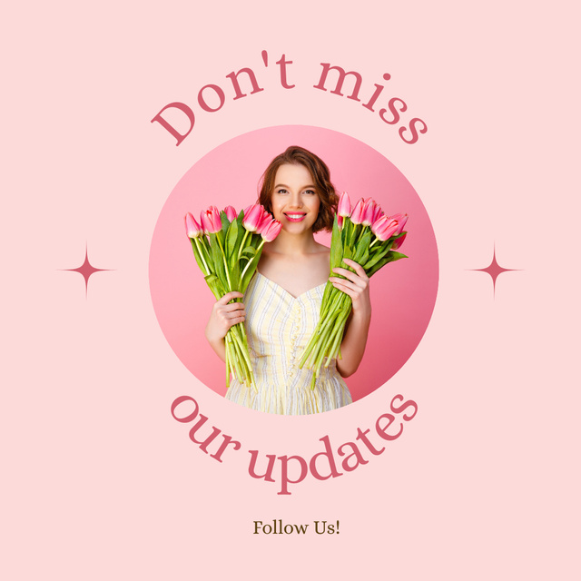 Attractive Young Woman with Bouquet of Tulips Proposing to Subscribe to Blog Instagram Šablona návrhu
