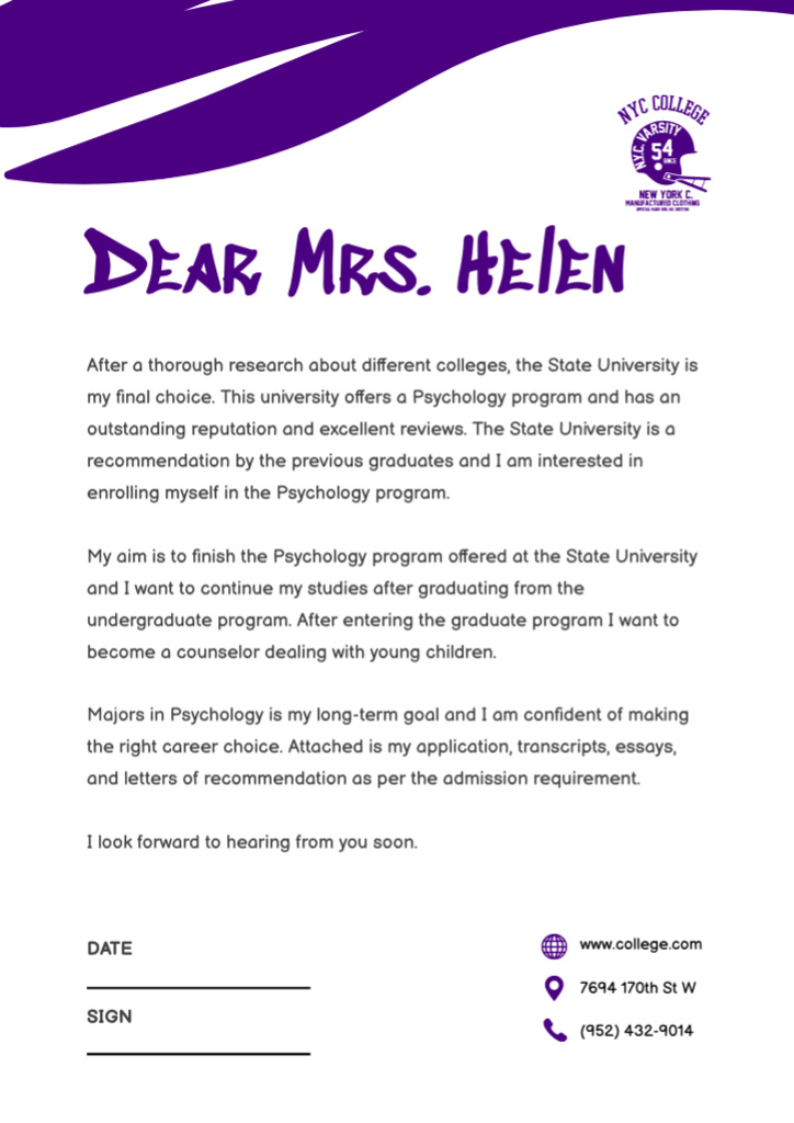 Letter to University on Purple Letterhead Design Template