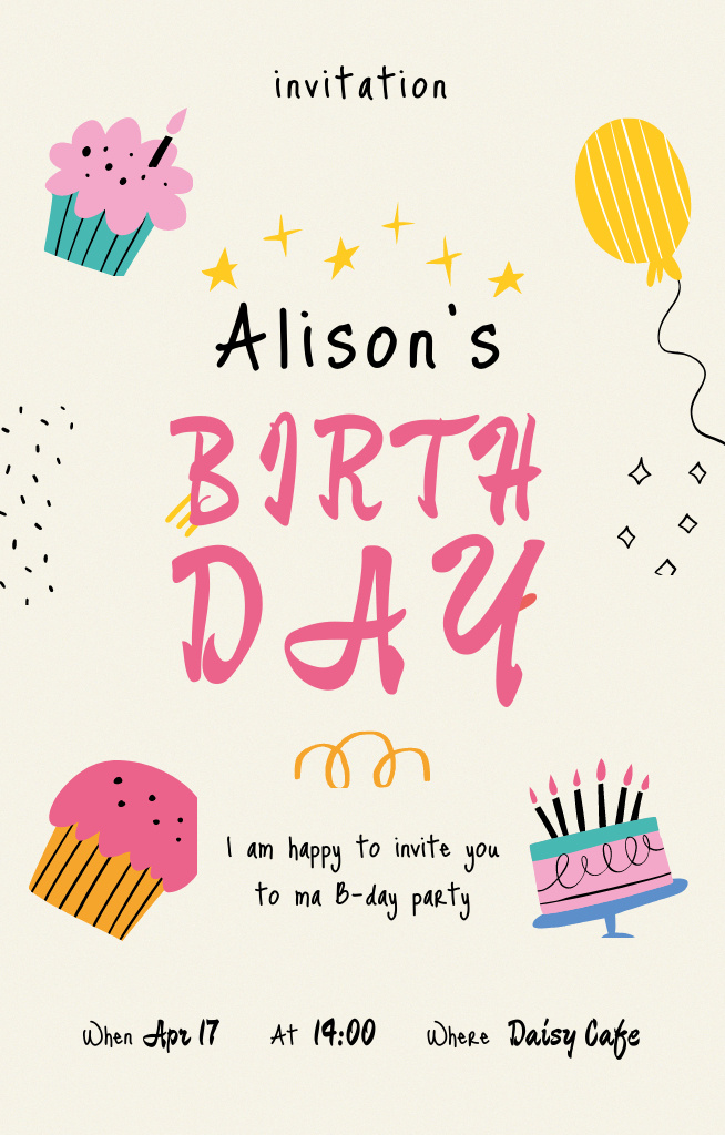 Birthday Party Announcement With Cute Cakes Invitation 4.6x7.2in tervezősablon