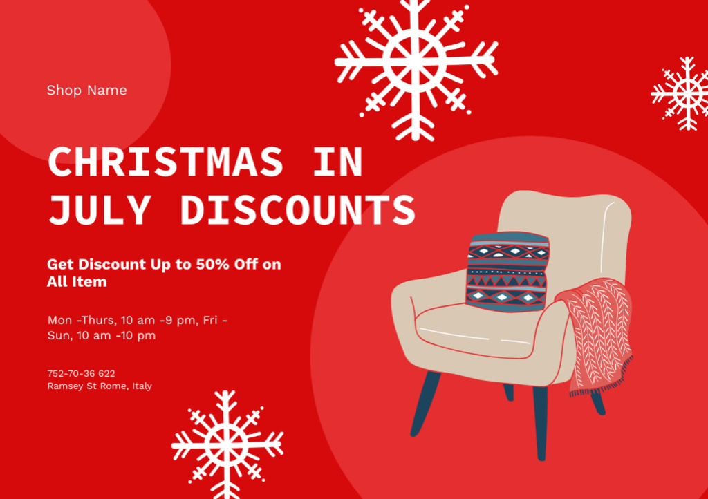 Ontwerpsjabloon van Flyer A5 Horizontal van Christmas Sale Announcement in July with Cozy Armchair