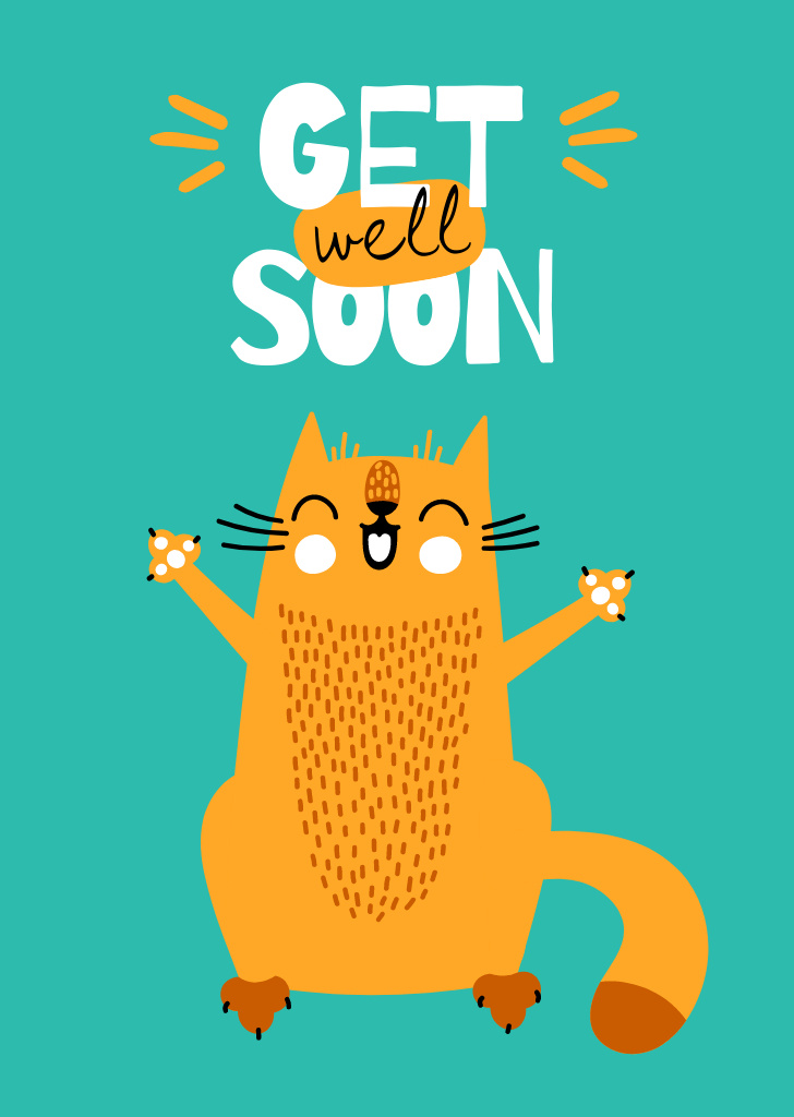 Get Well Wish With Illustrated Cat Postcard A6 Vertical Tasarım Şablonu