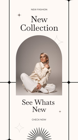 Uuden malliston mainos, jossa on nainen valkoisessa asussa Instagram Story Design Template