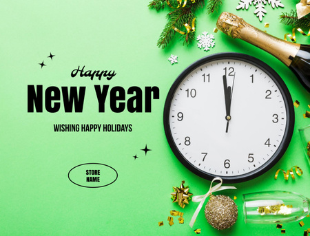 Saudação de feriado de ano novo com relógio e champanhe Postcard 4.2x5.5in Modelo de Design