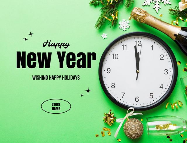 Szablon projektu New Year Holiday Greeting with Clock and Champagne Postcard 4.2x5.5in