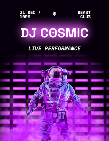 Party Announcement with Astronaut in Neon Light Flyer 8.5x11in Design Template