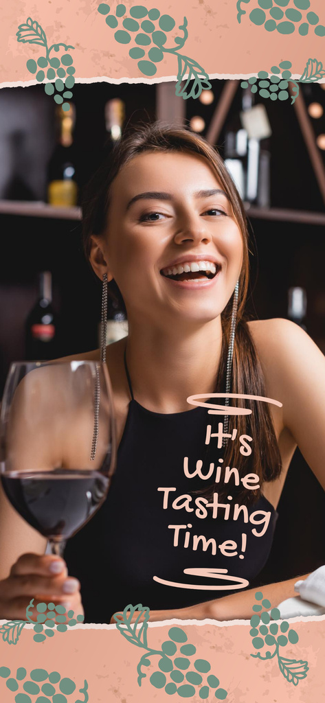 Young Smiling Woman with Glass at Wine Tasting Snapchat Moment Filter Design Template