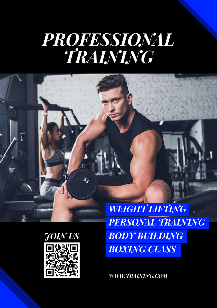 Ontwerpsjabloon van Poster van Man Doing Biceps Workout with Dumbbell in Gym
