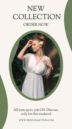 Novo anúncio de coleção de roupas com jovem de vestido branco Instagram Story Modelo de Design