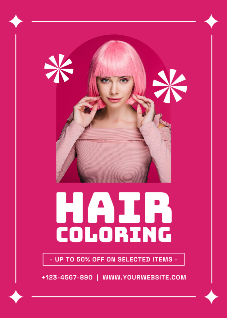 Hair Coloring Services Offer with Young Woman with Pink Hair Flayer Design Template