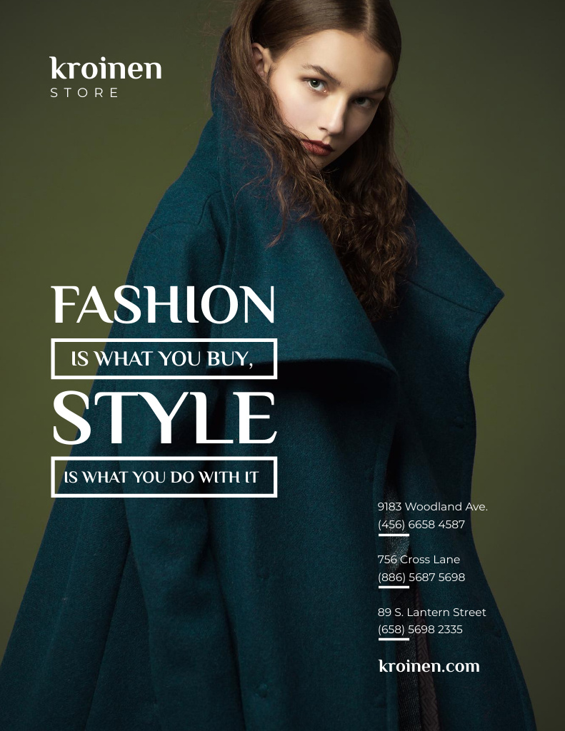 Fashion Ad with Stylish Woman in Green Coat Poster 8.5x11in Design Template