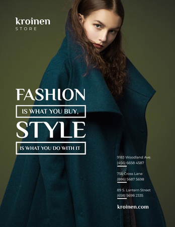 Designvorlage Modewerbung mit stilvoller Frau im grünen Mantel für Poster 8.5x11in