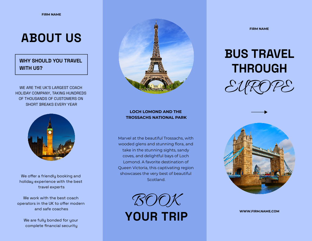 Guided Bus Tours Across Europe Brochure 8.5x11in Z-fold – шаблон для дизайну