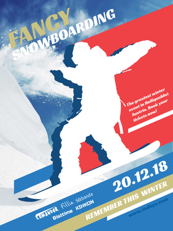 Snowboard Event announcement Man riding in Snowy Mountains Poster US Design Template