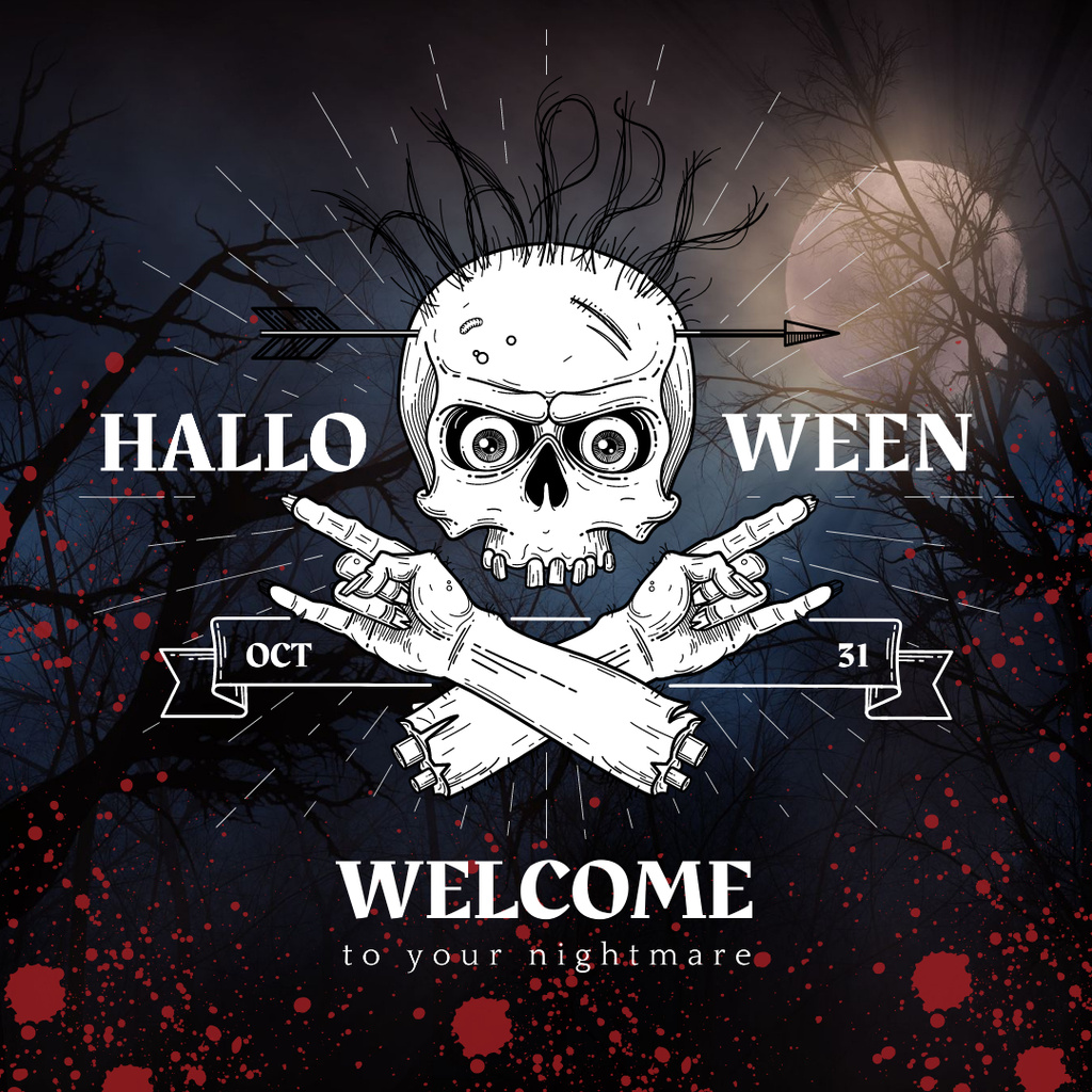 Halloween holiday Invitation with Creepy Skull Instagram tervezősablon