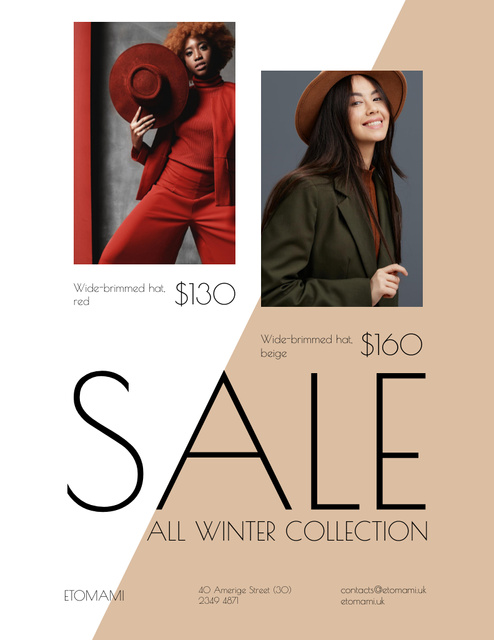 Seasonal Sale with Woman Wearing Fashionable Hat Poster 8.5x11in Πρότυπο σχεδίασης