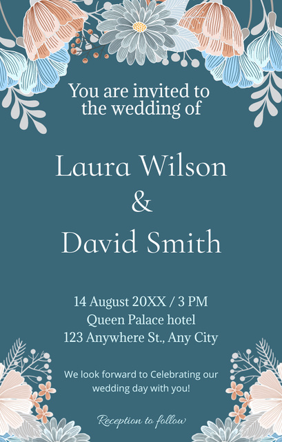 Wedding Celebration Announcement with Flowers Illustration on Blue Invitation 4.6x7.2in Design Template