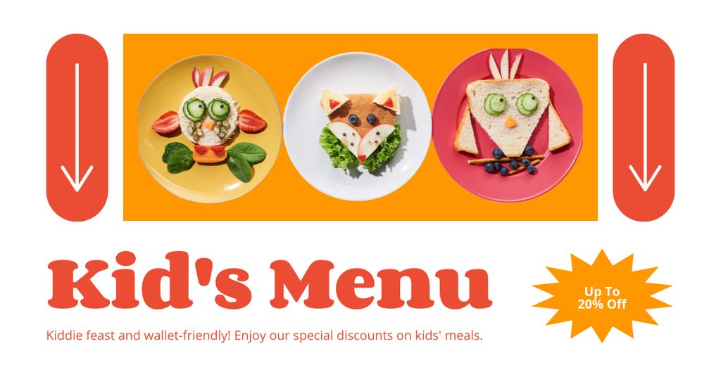 Designvorlage Offer of Kid's Menu with Funny Dishes on Plates für Facebook AD