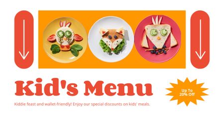 Designvorlage Angebot an Kindermenüs mit lustigen Gerichten auf Tellern für Facebook AD