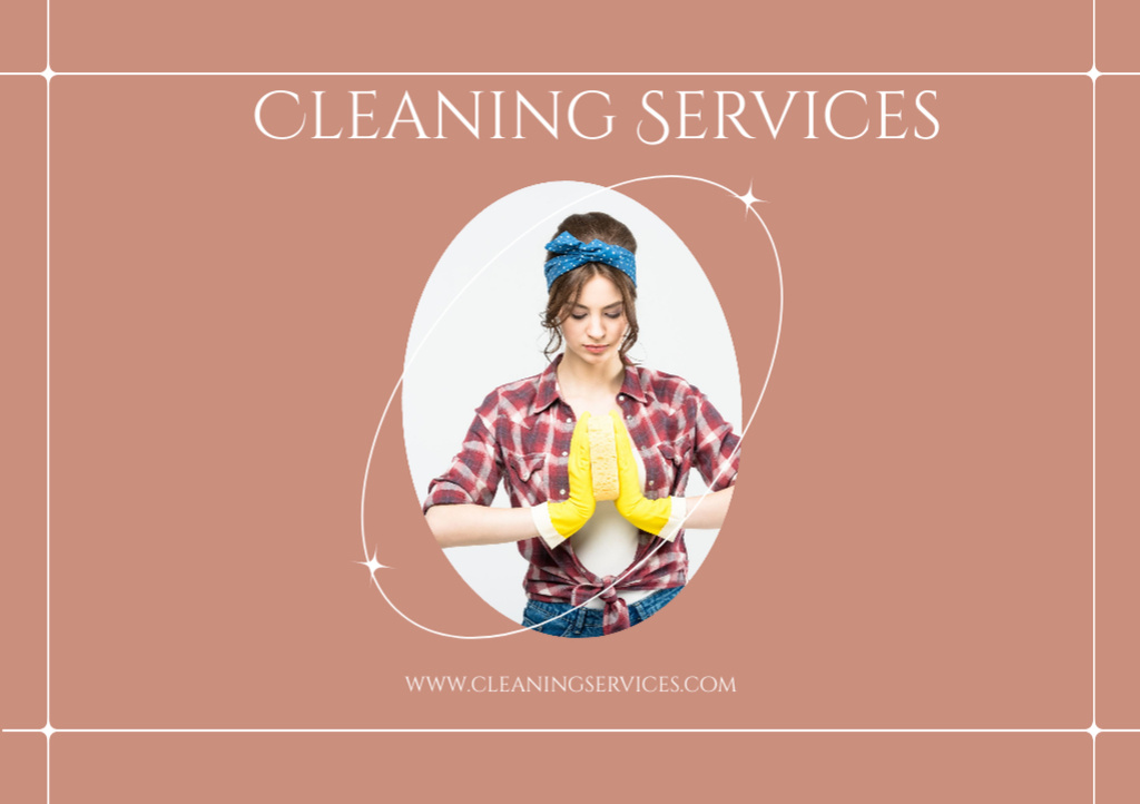 Cleaning Services Offer with Woman on Beige Flyer A5 Horizontalデザインテンプレート