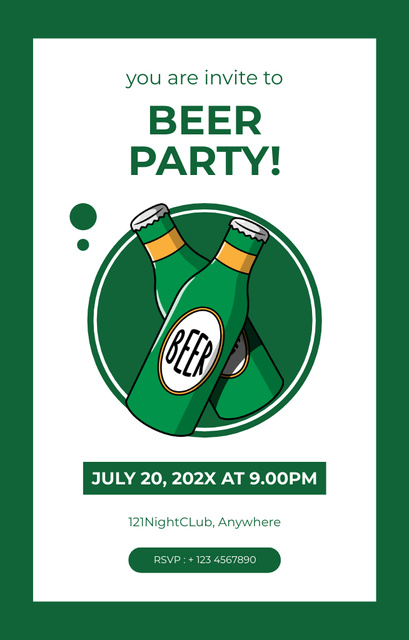 Beer Party's Ad with Illustration of Green Bottles Invitation 4.6x7.2in Šablona návrhu