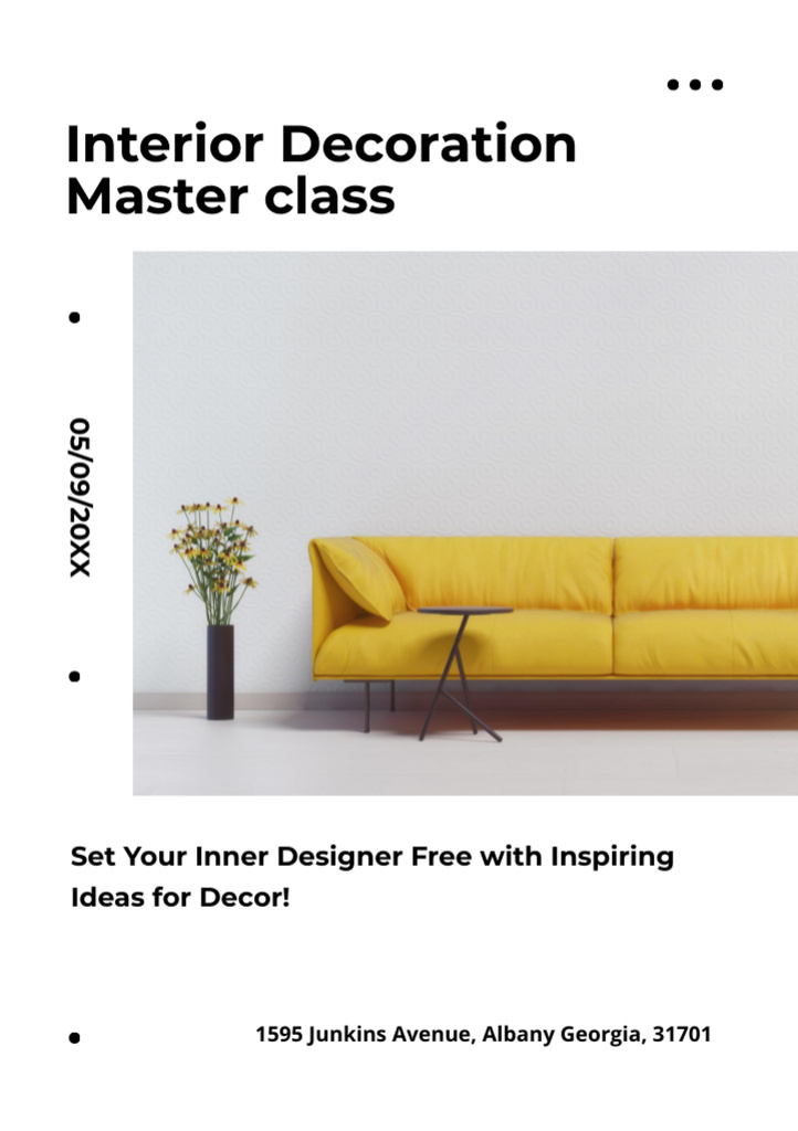 Interior Decoration Masterclass Ad with Yellow Couch Flyer A5 Πρότυπο σχεδίασης