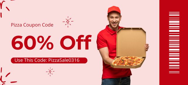 Designvorlage Pizza Discount Offer with Young Courier in Red für Coupon 3.75x8.25in