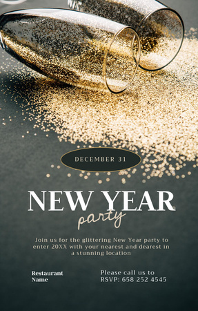 New Year Party Announcement with Wineglasses in Glitter Invitation 4.6x7.2in Design Template