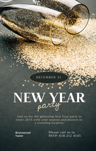 Platilla de diseño New Year Party Announcement with Wineglasses in Glitter Invitation 4.6x7.2in
