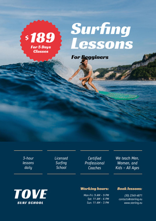 Platilla de diseño Surfing Guide with Woman on Board in Blue Poster