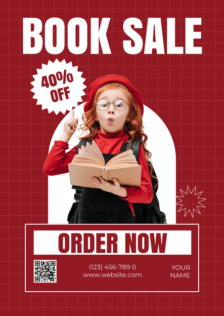 Designvorlage Book Sale Ad with Cute Smart Kid für Poster