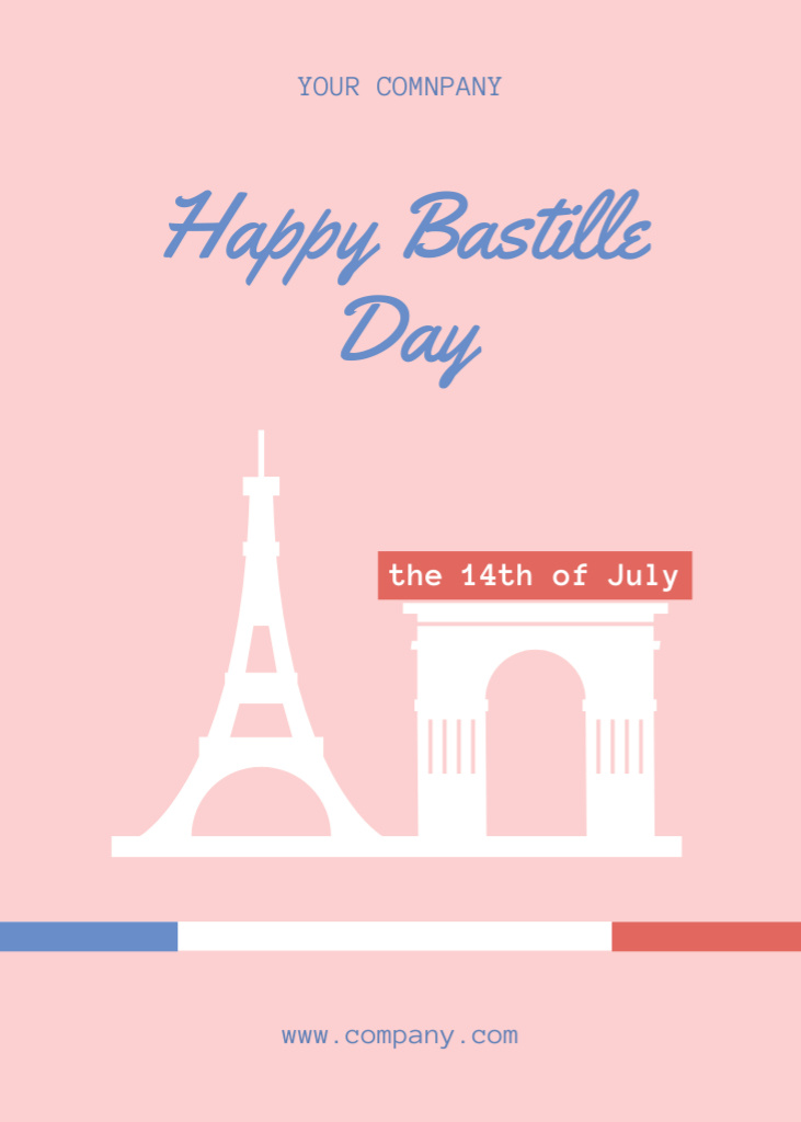 Lovely Bastille Day Greetings In Pink Postcard 5x7in Vertical Design Template