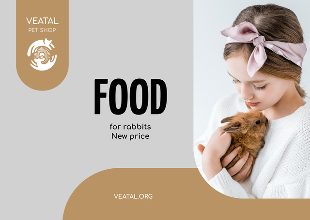 Pet Food Offer with Girl Hugging Cute Bunny Flyer A6 Horizontal Modelo de Design