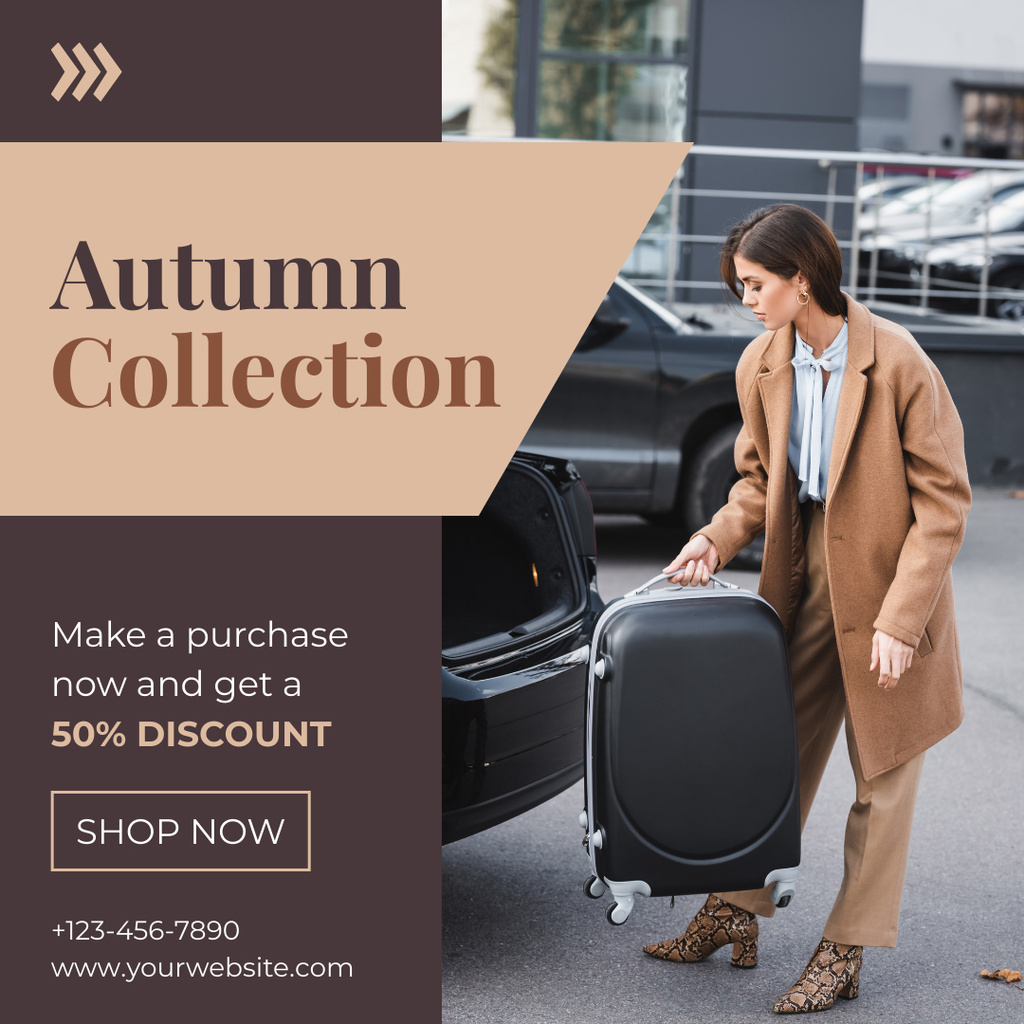 Szablon projektu Discount on Autumn Collection with Woman and Suitcase Instagram