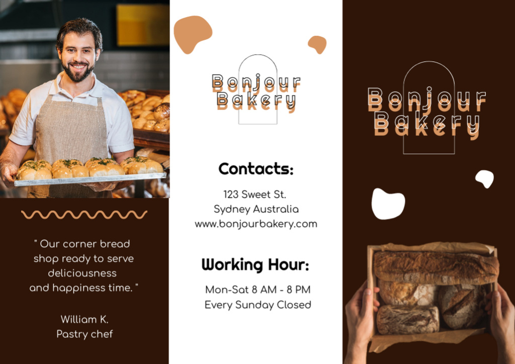 Handsome Baker with Tray of Fresh Loaves of Bread Brochure tervezősablon