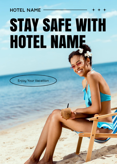 Designvorlage Beach Hotel Advertisement with Beautiful African American Woman near Sea für Flayer