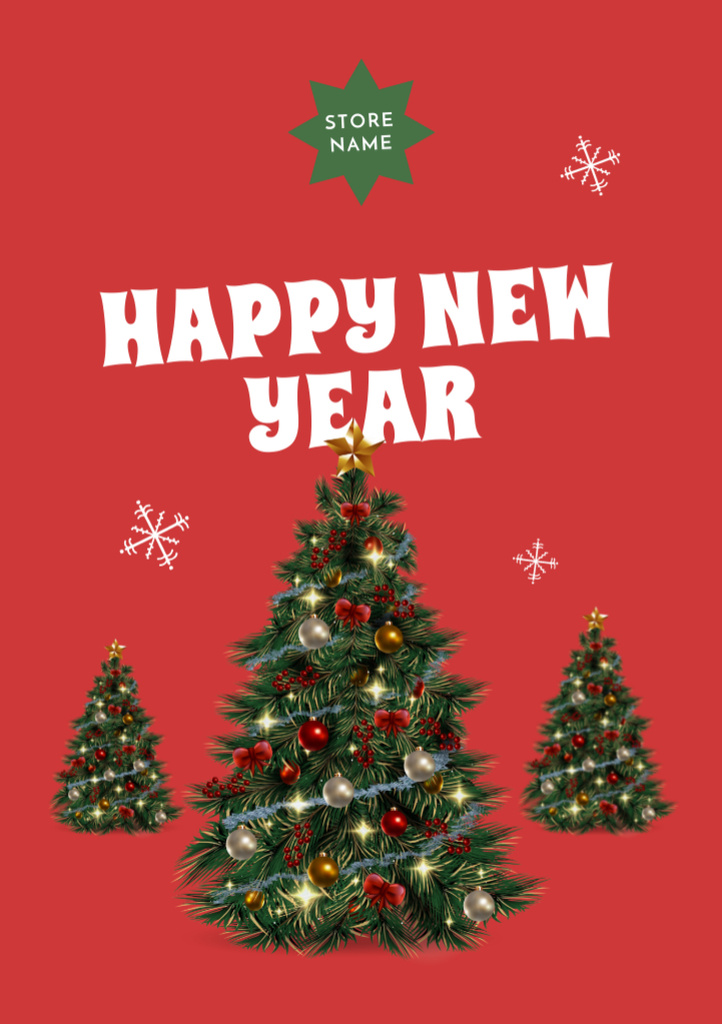 Happy New Year Greeting with Decorated Tree in Red Postcard A5 Vertical Design Template