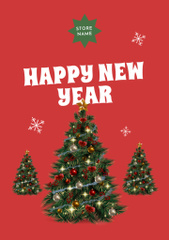 Happy New Year Greeting with Decorated Tree in Red
