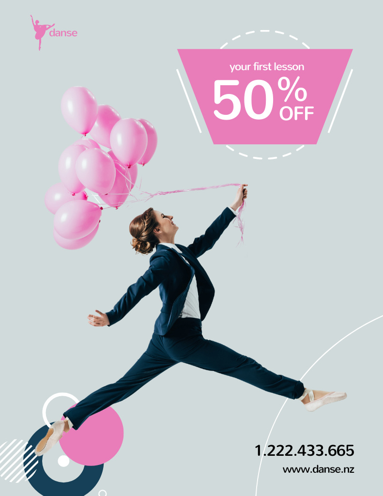 Dance Studio Discount with Woman with Pink Balloons Flyer 8.5x11in Tasarım Şablonu
