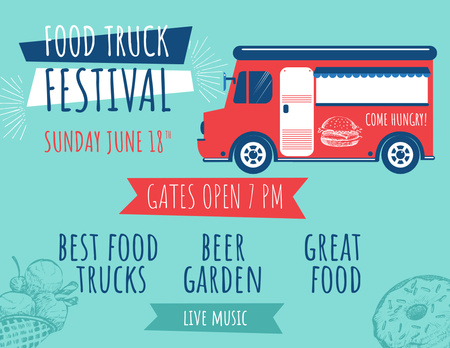 Food Truck Festival Ad with Illustration of Van Flyer 8.5x11in Horizontal Design Template